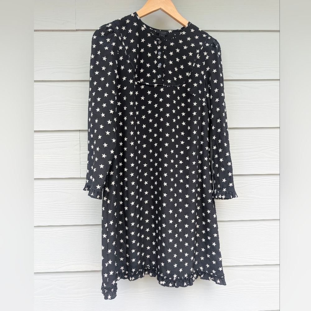 J Crew Dress Midi Silk Lined Size 4 Black Star Print Buttons At Front Long Sleev - Picture 3 of 8